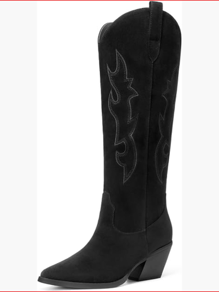 Knee High Cowboy Boots Pointed Toe Chunky Block Heel Faux Suede